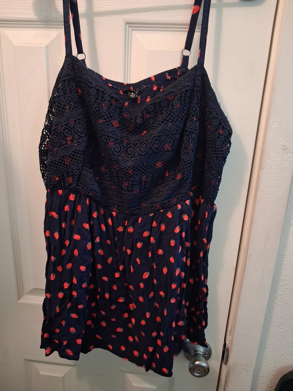 Torrid Navy Blue Crochet Bodice Cami with Red Strawberry Print